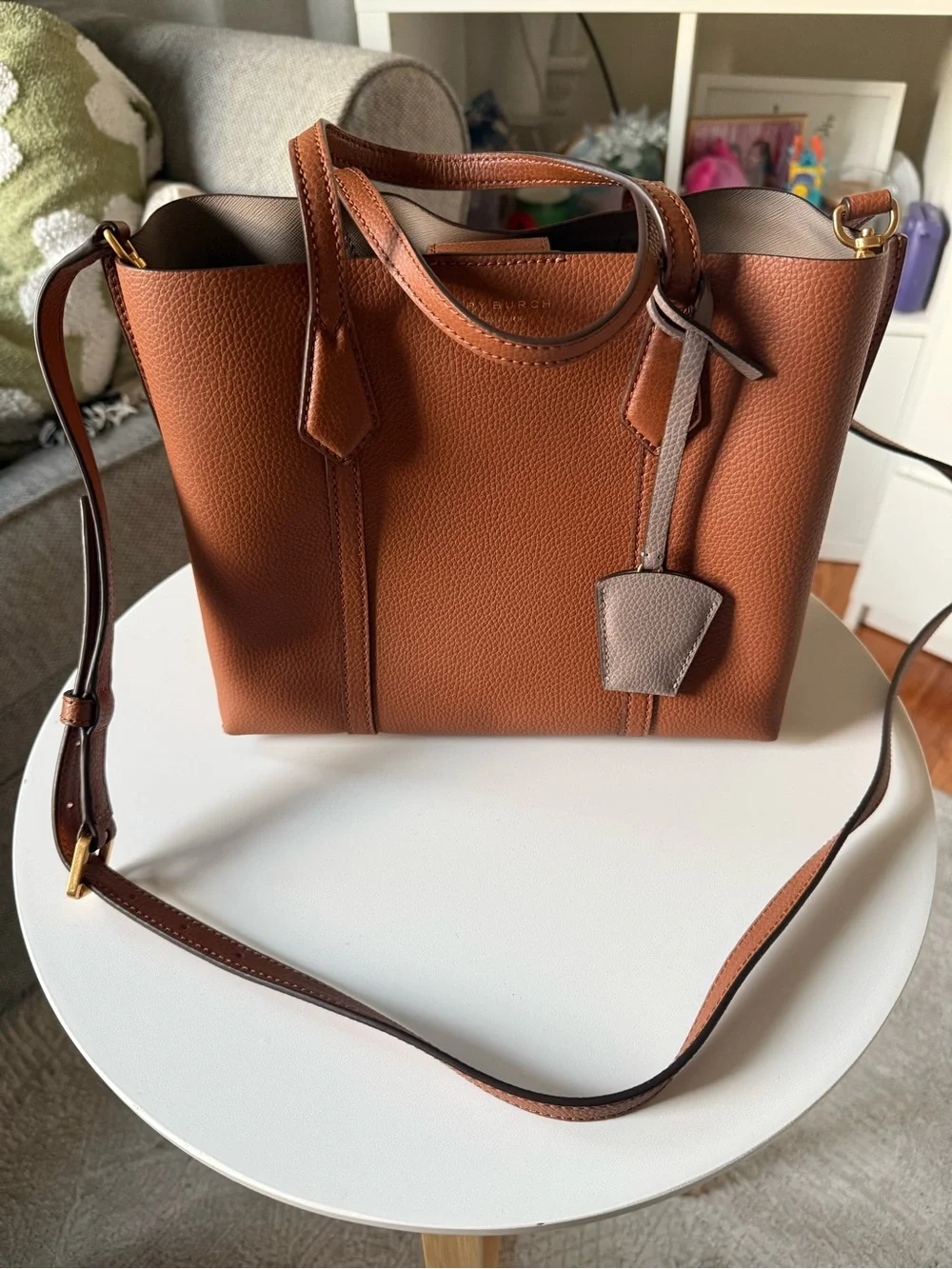 Tory Burch Cognac Leather Shoulder Tote with Taupe Trim